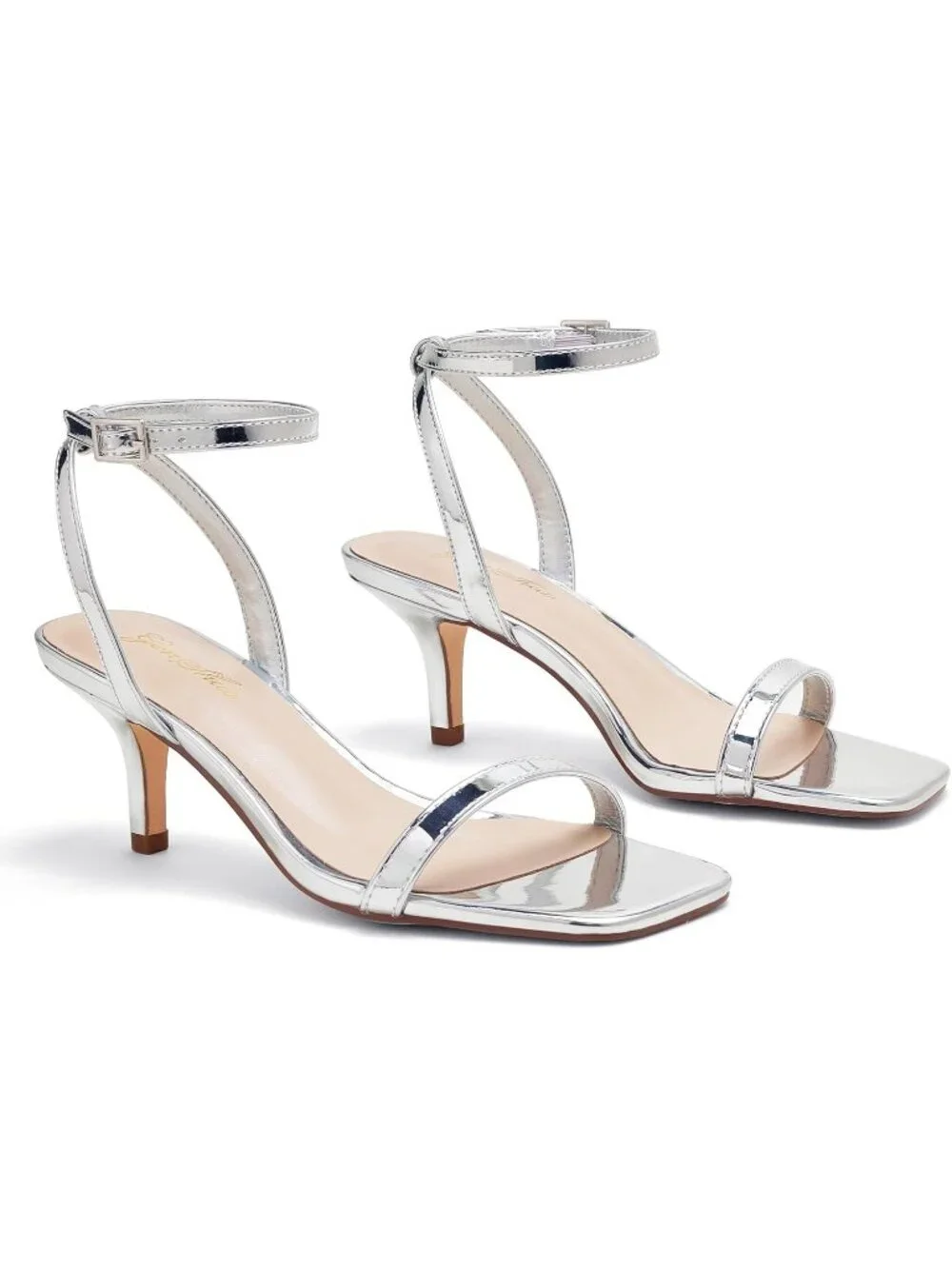 Women's SIlver Kitten Low Heel Square Open Toe Ankle Strap Sandals Strappy Heels